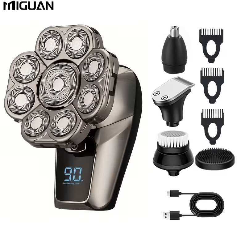 9-in-1 Electric Head Shaver for Men – Cordless Rechargeable Skull & Bald Head Razor with Rotary Blades, Hair Trimmer, Nose Trimmer, Facial Brush & Massager