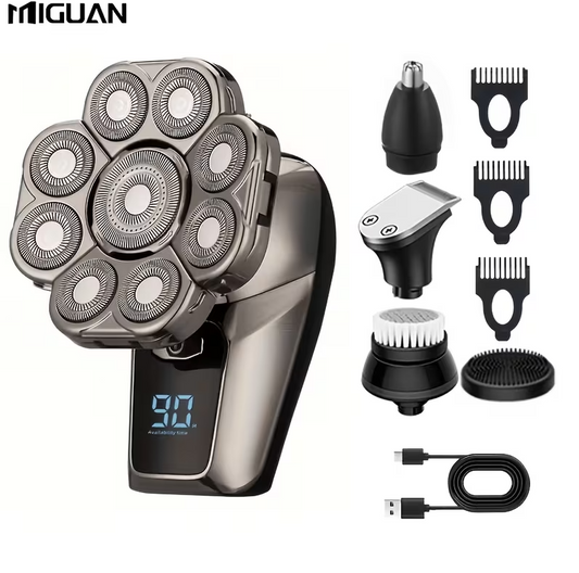 9-in-1 Electric Head Shaver for Men – Cordless Rechargeable Skull & Bald Head Razor with Rotary Blades, Hair Trimmer, Nose Trimmer, Facial Brush & Massager