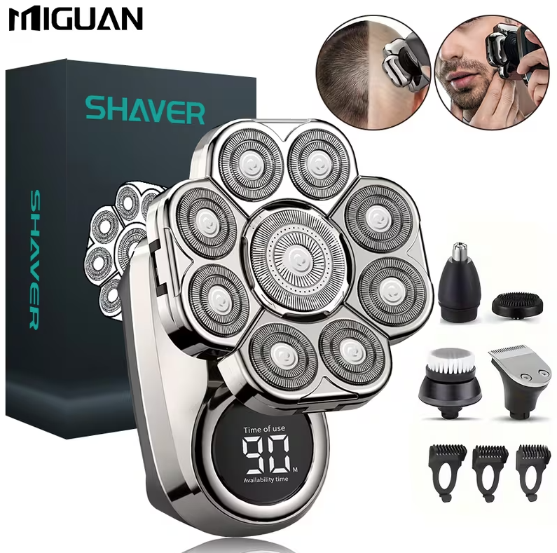 9-in-1 Electric Head Shaver for Men – Cordless Rechargeable Skull & Bald Head Razor with Rotary Blades, Hair Trimmer, Nose Trimmer, Facial Brush & Massager