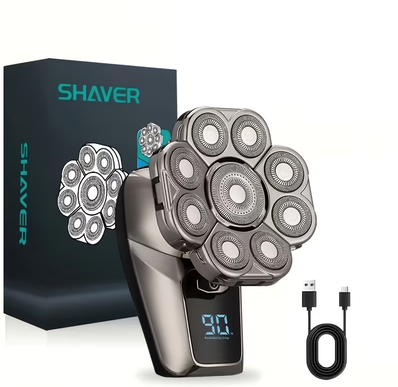 9-in-1 Electric Head Shaver for Men – Cordless Rechargeable Skull & Bald Head Razor with Rotary Blades, Hair Trimmer, Nose Trimmer, Facial Brush & Massager