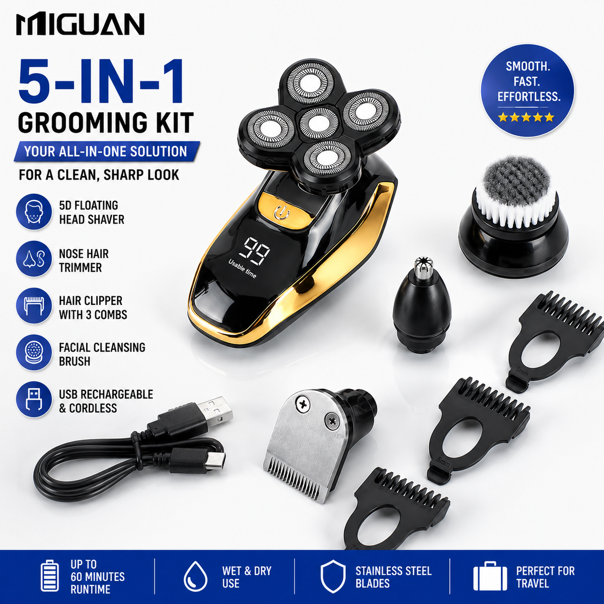 5-in-1 Electric Head and Beard Shaver for Men and Women – USB Rechargeable Kit